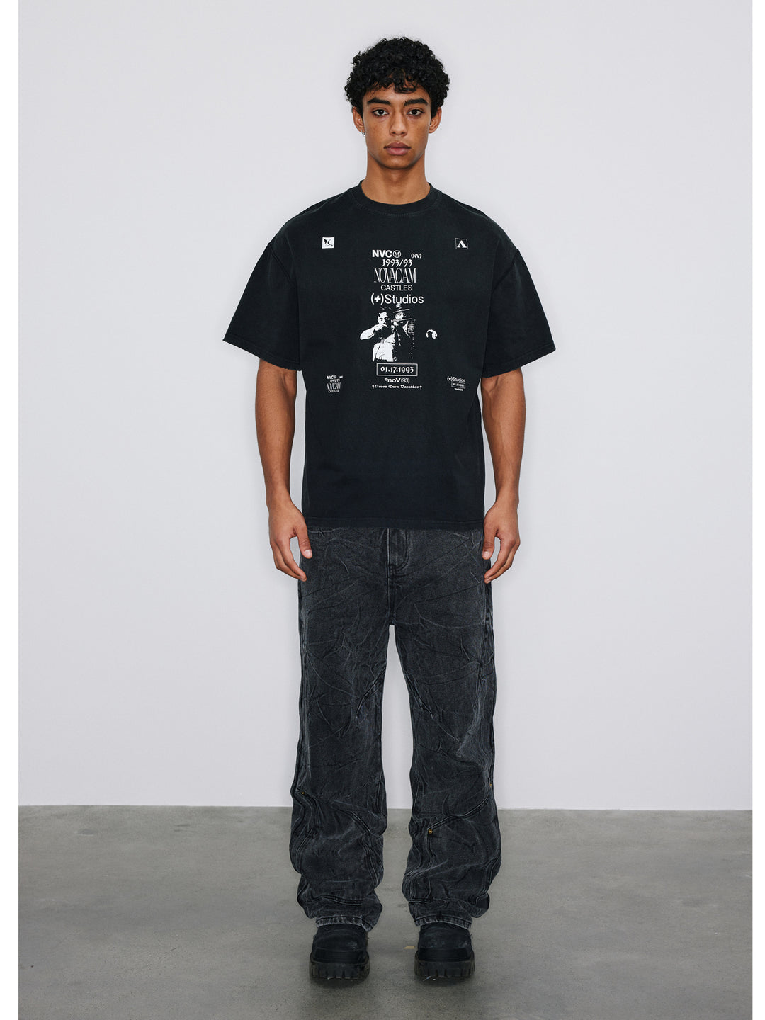 NOVACAM Vintage Washed Crackle Print Reverse Stitching Tee | Face 3 Face