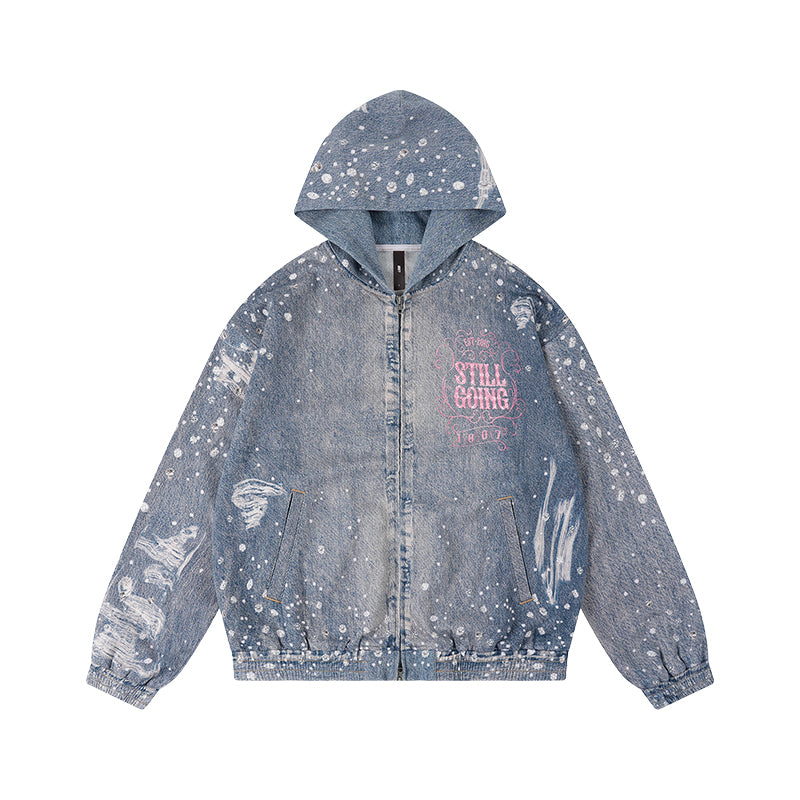 1807 Swarovski Crystal Diamond Denim Zip Up Hoodie | Face 3 Face