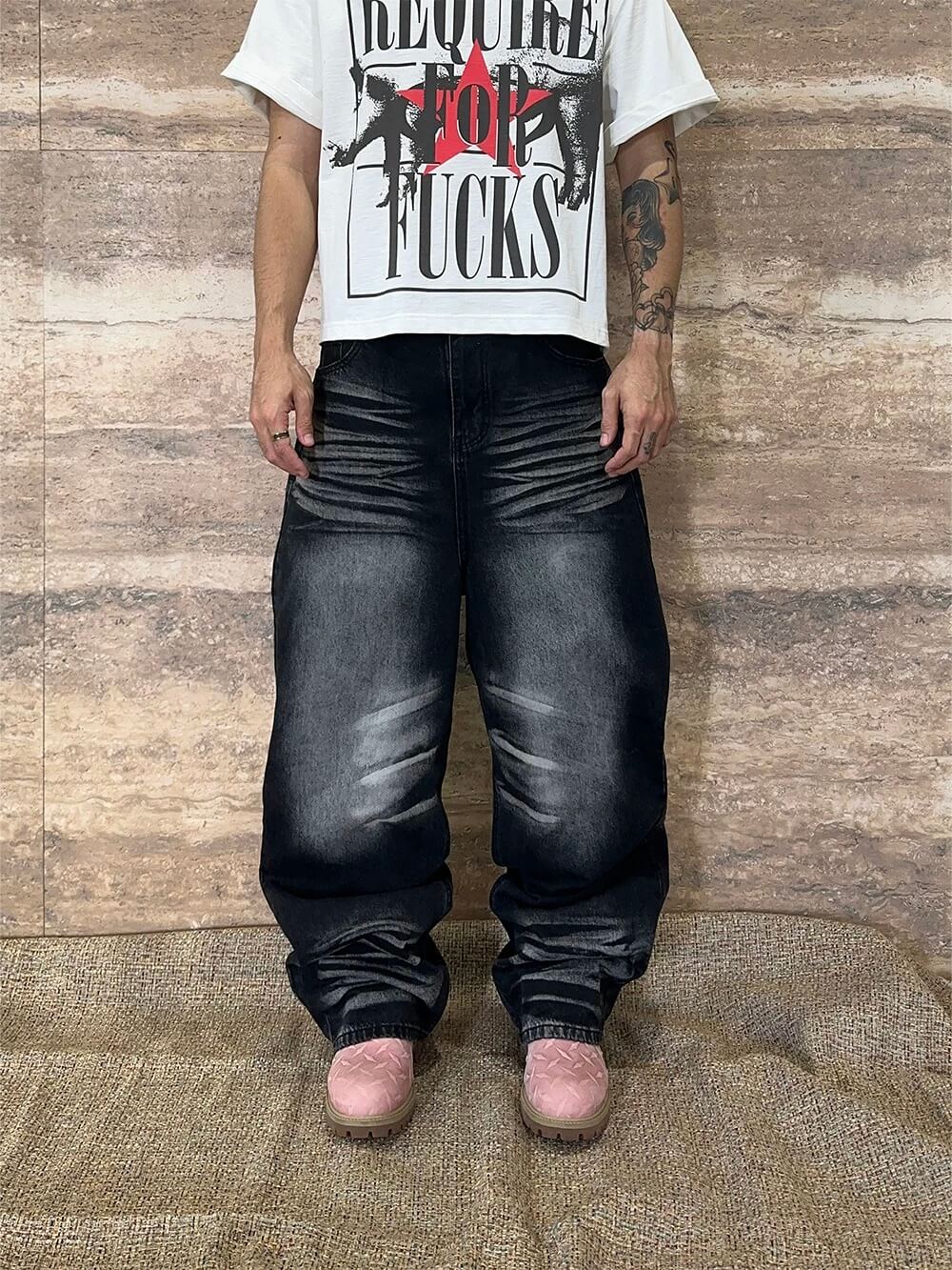 EVETS Whisker Washed Faded Baggy Jeans | Face 3 Face