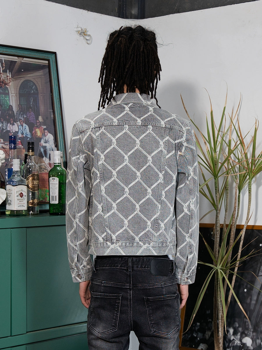TGFCLUB Chain Link Full Print Washed Slim Denim Jacket | Face 3 Face