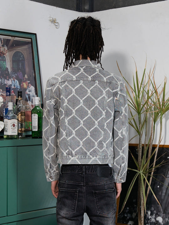TGFCLUB Chain Link Full Print Washed Slim Denim Jacket | Face 3 Face