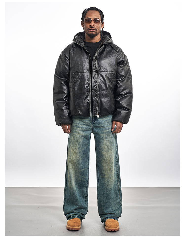 F3F Select Windproof Hooded PU Leather Puffer Bomber Jacket | Face 3 Face