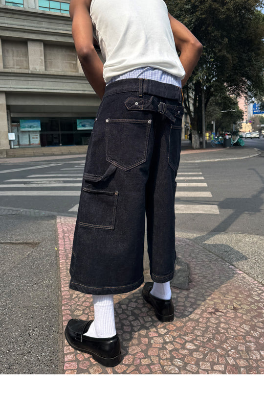 STEEPC Snap Button Double Knee Cropped Denim Baggy Shorts | Face 3 Face