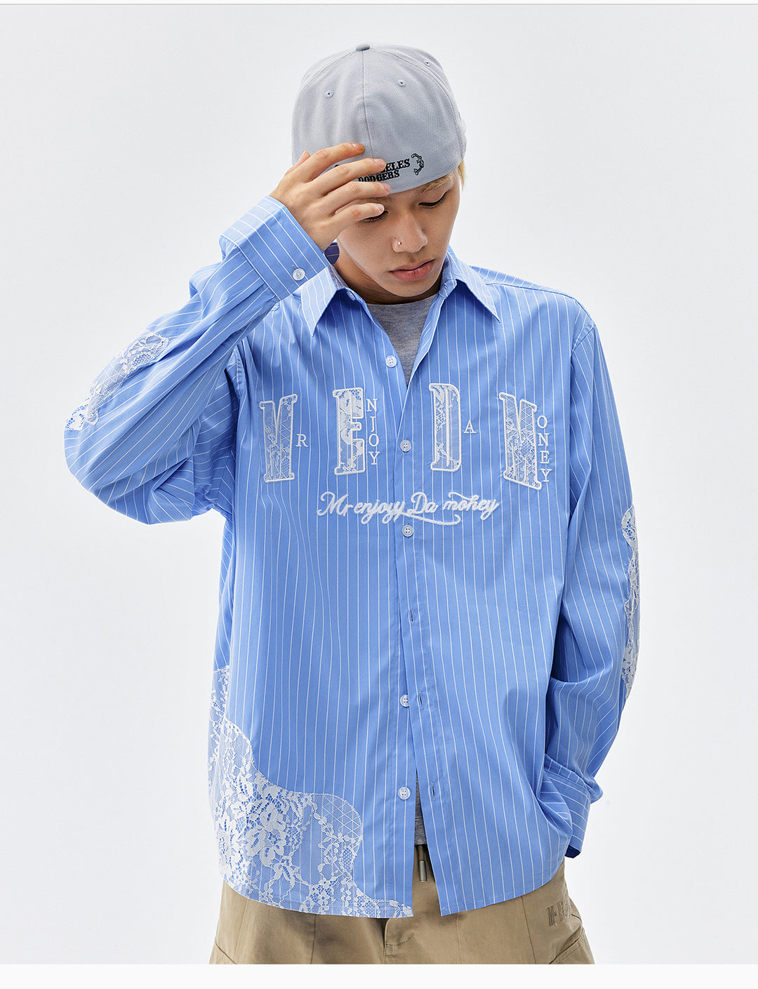 MEDM Lace Embroidered Striped Long Sleeve Shirt | Face 3 Face