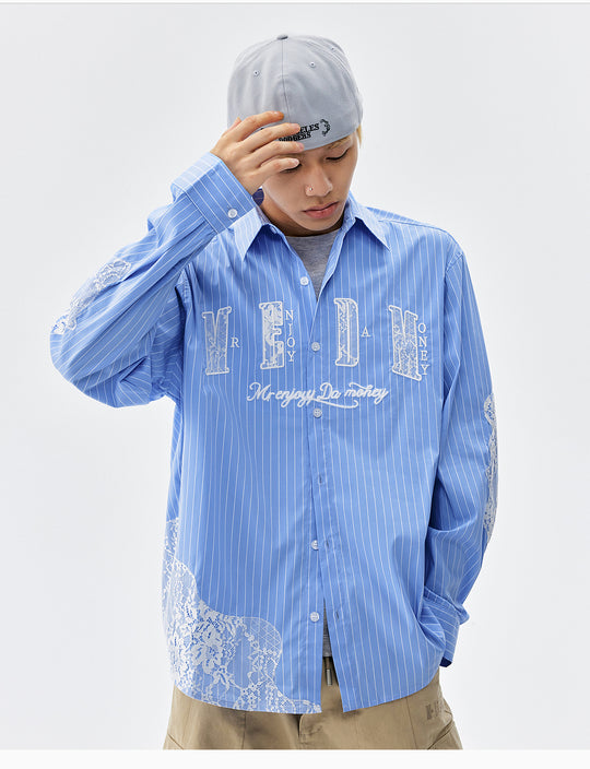 MEDM Lace Embroidered Striped Long Sleeve Shirt | Face 3 Face