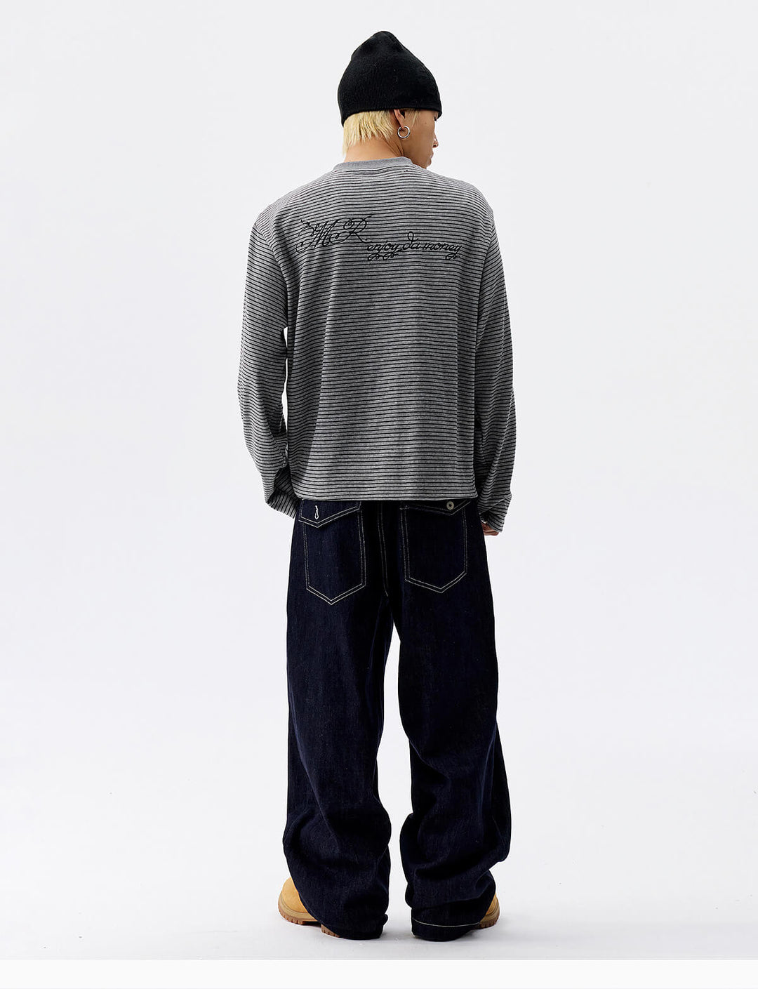 MEDM Rose Embroidered Striped Henley Long Sleeve Tee | Face 3 Face