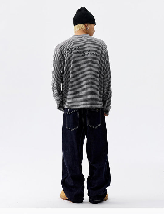 MEDM Rose Embroidered Striped Henley Long Sleeve Tee | Face 3 Face