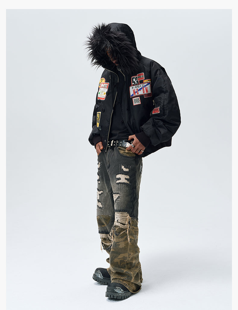 MEDM License Plate Patch Fur-Hooded MA-1 Bomber Jacket | Face 3 Face