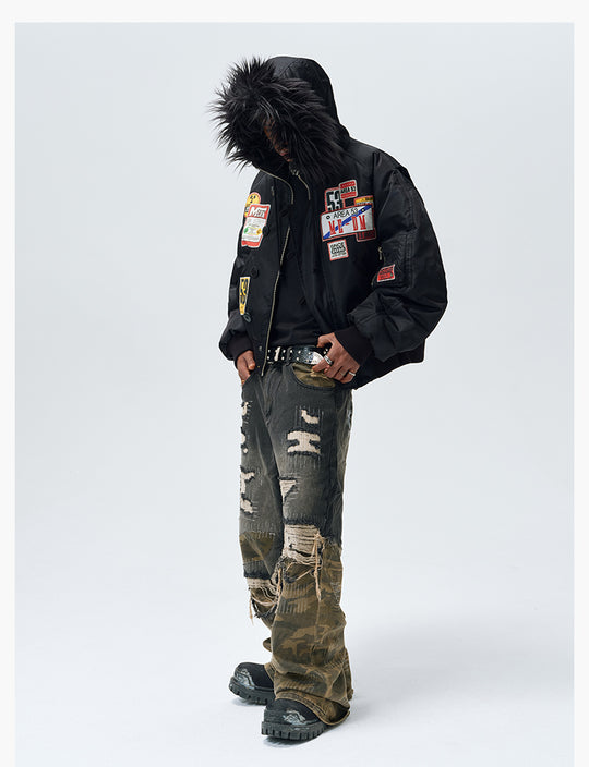 MEDM License Plate Patch Fur-Hooded MA-1 Bomber Jacket | Face 3 Face