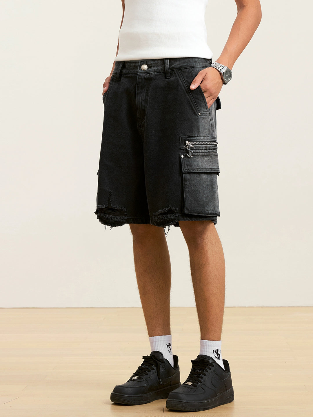 Small Town Kid Rivets Washed Denim Utility Cargo Shorts | Face 3 Face