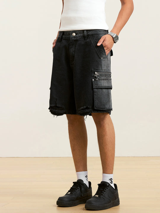 Small Town Kid Rivets Washed Denim Utility Cargo Shorts | Face 3 Face