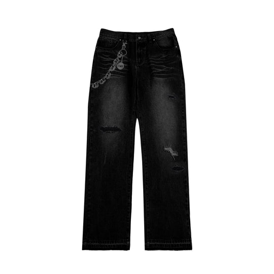 S45 Chain-Link Printed Ripped Hem Washed Jeans | Face 3 Face