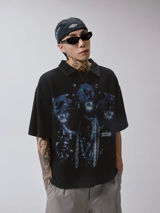 F2CE Washed Distressed Waffle Vintage Print Short Sleeve Polo Shirt | Face 3 Face