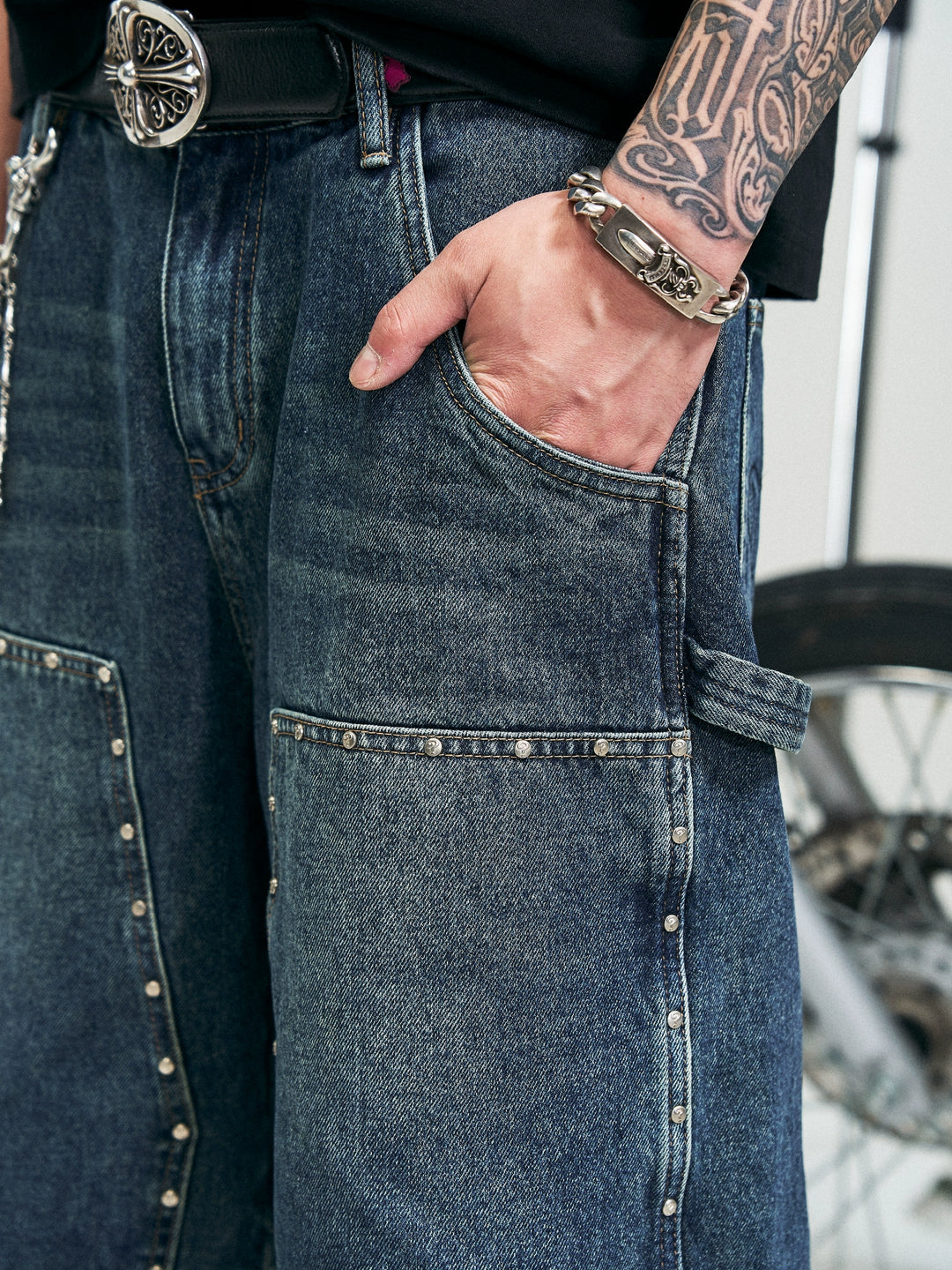 RUSURE Crash Studded Double Knee Denim Shorts | Face 3 Face