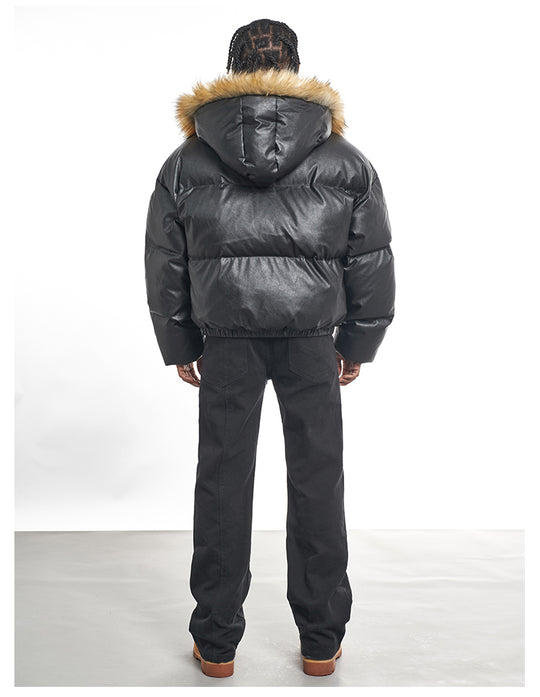 F3F Select Fur Hooded Removable PU Leather Puffer Jacket | Face 3 Face