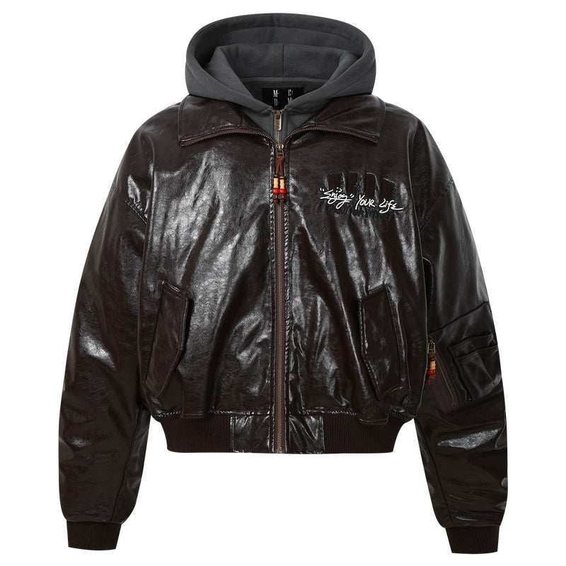 MEDM Layered Hood PU Leather Bomber Jacket | Face 3 Face