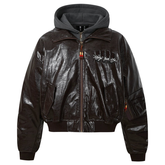 MEDM Layered Hood PU Leather Bomber Jacket | Face 3 Face