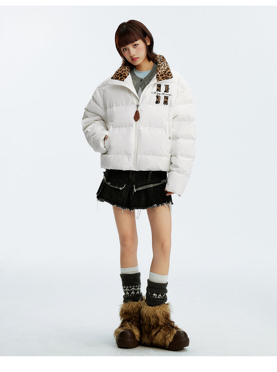 MEDM Leopard Collar Logo Patch Down Jacket | Face 3 Face