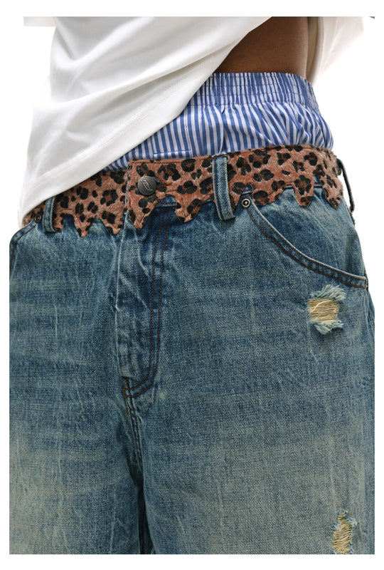 ANTIDOTE Leopard Patchwork Denim Shorts | Face 3 Face