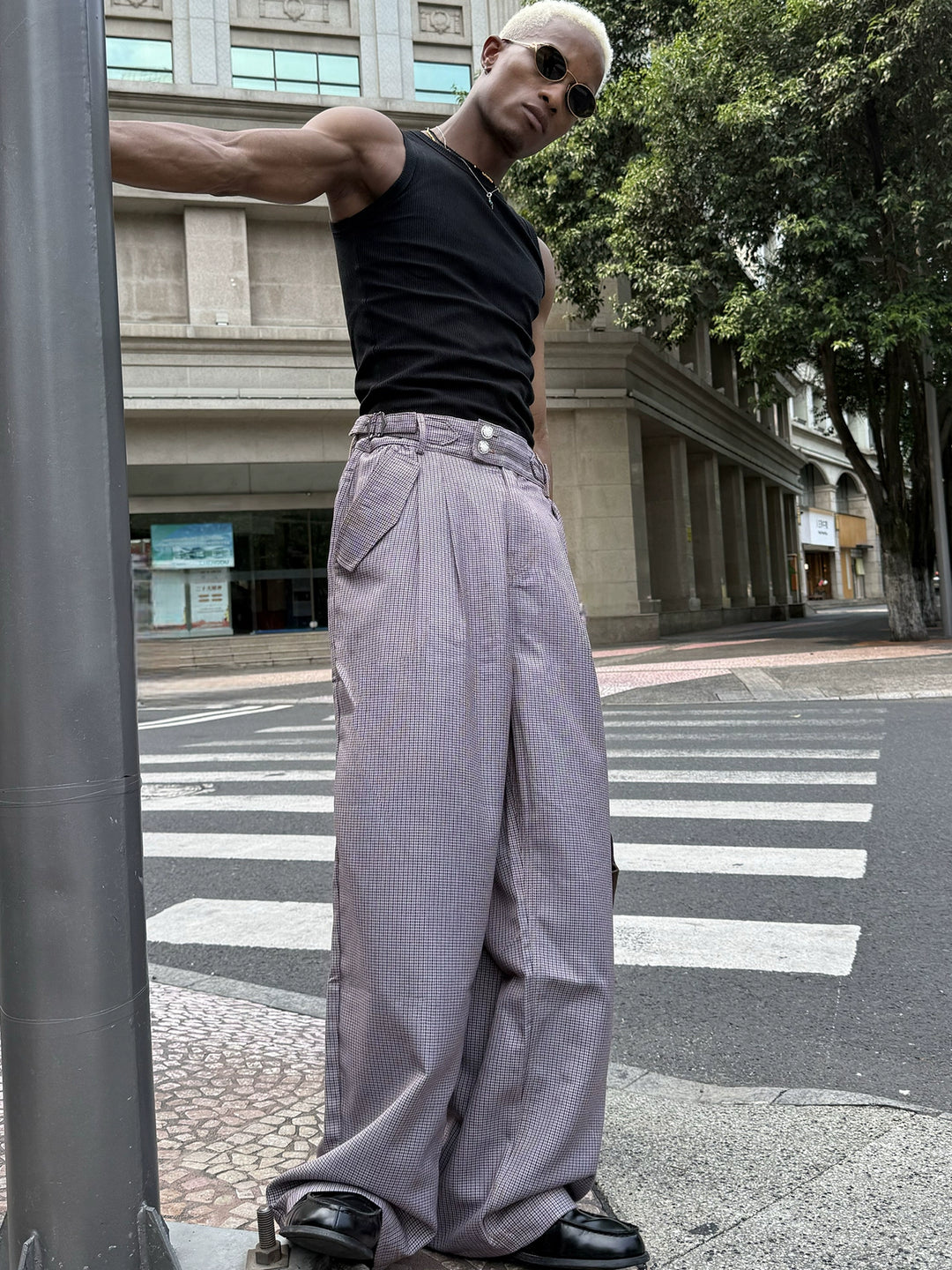 STEEPC Houndstooth Tucked Baggy Suit Pants | Face 3 Face