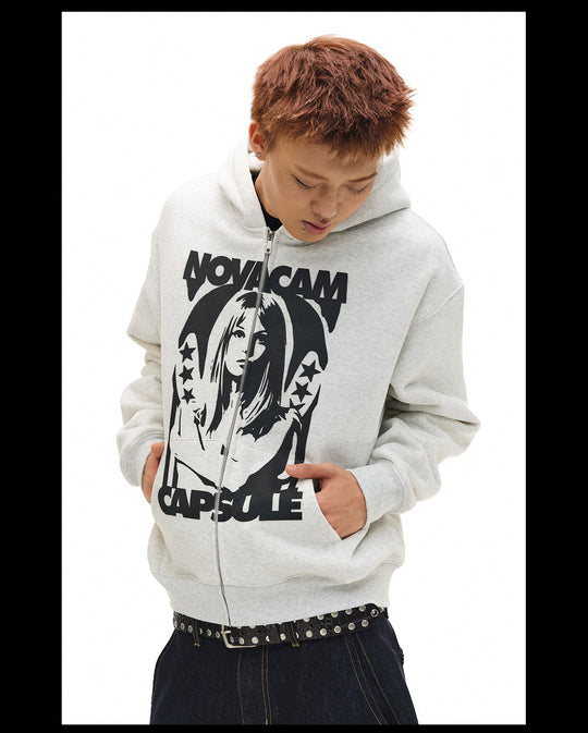 NOVACAM Vintage Print Zip Up Hoodie | Face 3 Face