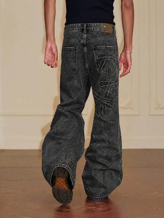 YADcrew Ribbon Patch Distressed Vintage Flared Jeans | Face 3 Face