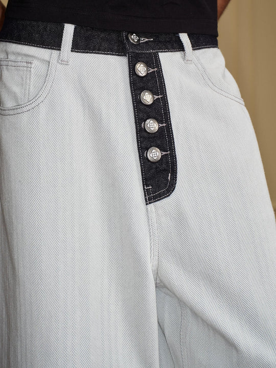 YADcrew Herringbone Waist Contrast Baggy Jeans | Face 3 Face