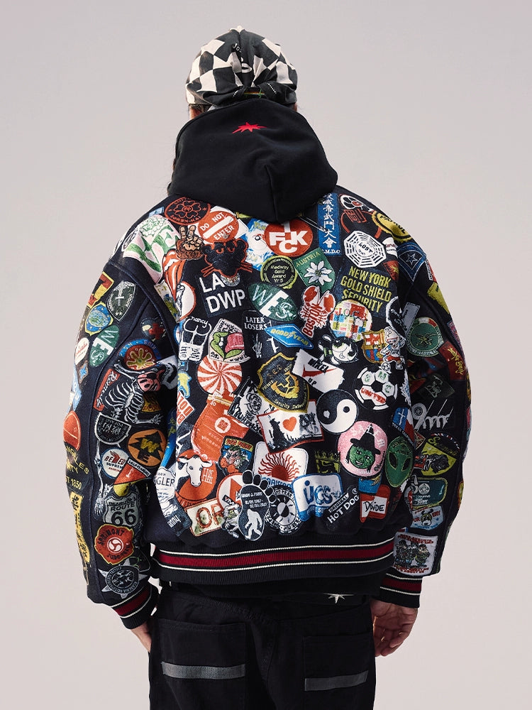 Remedy All Over Badge Print Varsity Jacket | Face 3 Face