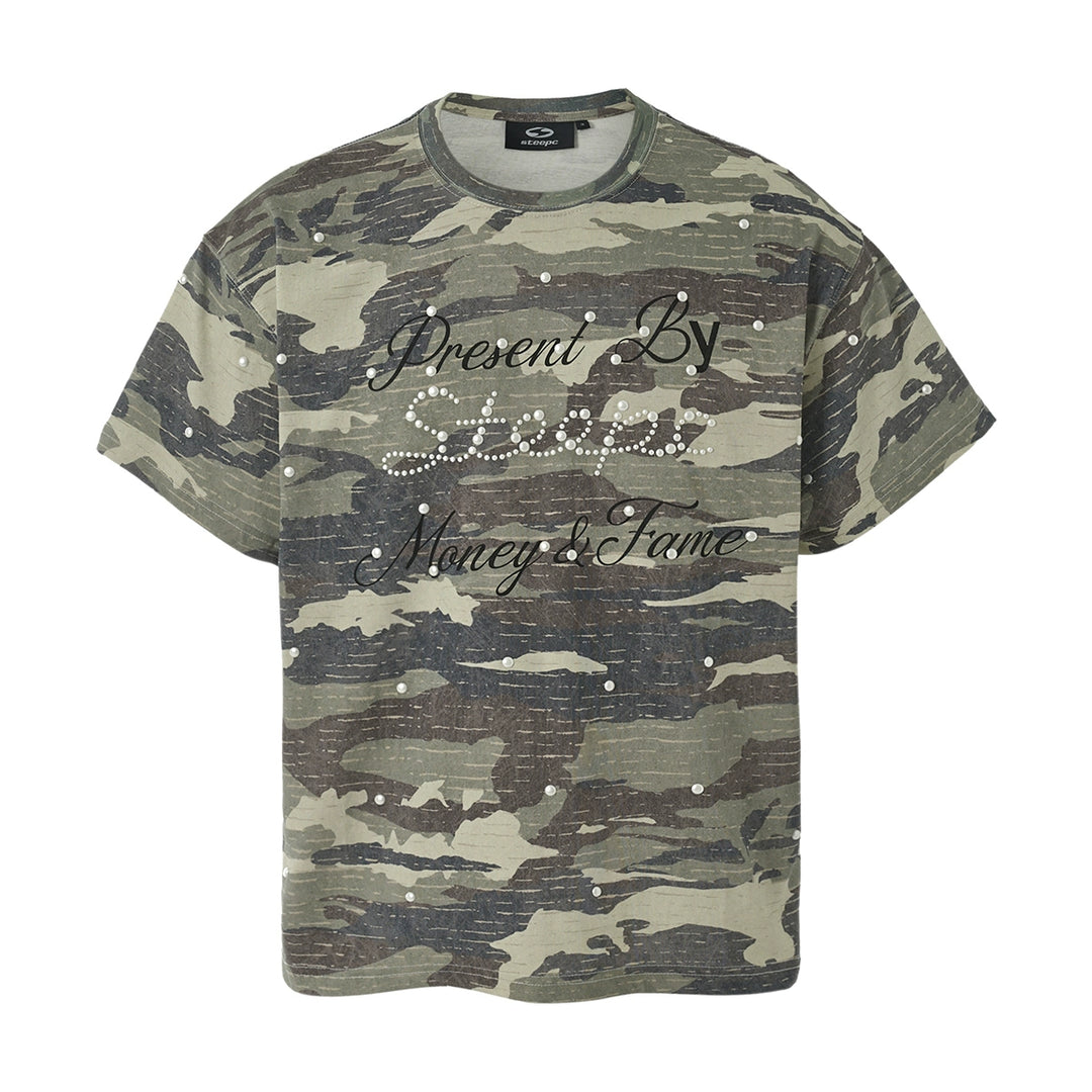 STEEPC Aged Forest Camo Pearl Embellished Print Tee | Face 3 Face