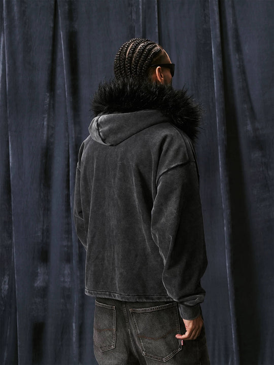 1807 Faux Fur Hood Trim Washed Zip Up Hoodie | Face 3 Face