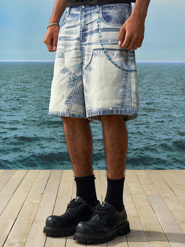 YADcrew Turquoise Double Knee Print Denim Shorts | Face 3 Face