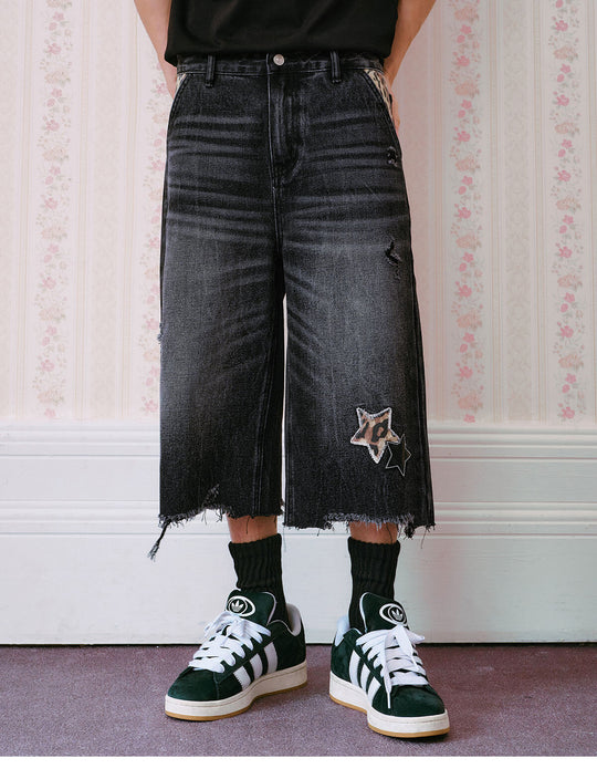 MEDM Leopard Print Star Patch Cutoff Denim Shorts | Face 3 Face