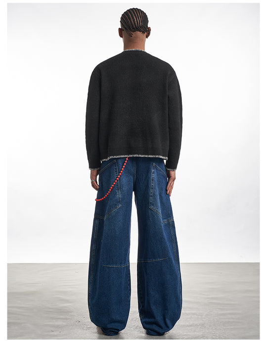 F3F Select White Stitching Henley Neck Knit Sweater | Face 3 Face