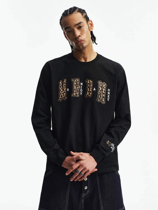 MEDM Leopard Print Logo Patch Long Sleeve Tee | Face 3 Face