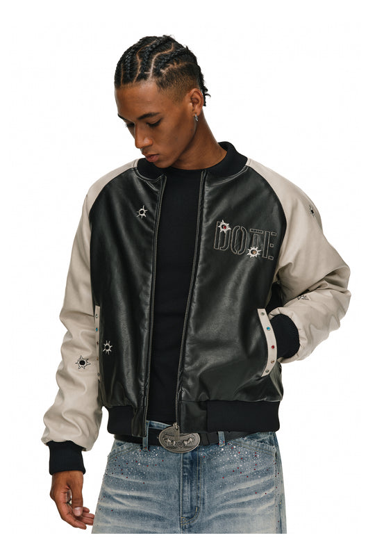 ANTIDOTE Bullseye Color Diamond Studded Leather Baseball Jacket | Face 3 Face