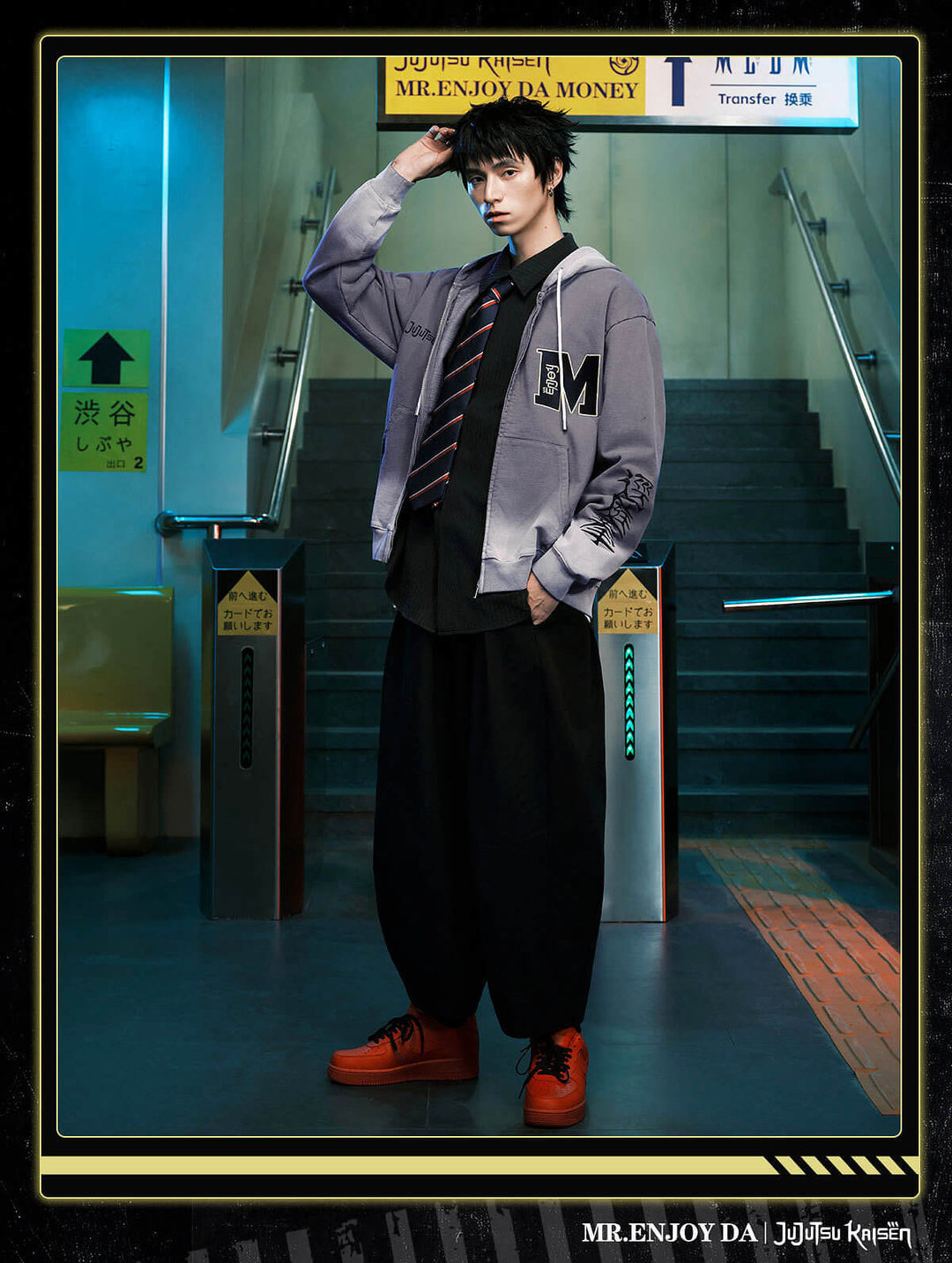 MEDM × Jujutsu Kaisen Washed Character Print Embroidered Zip Up Hoodie | Face 3 Face