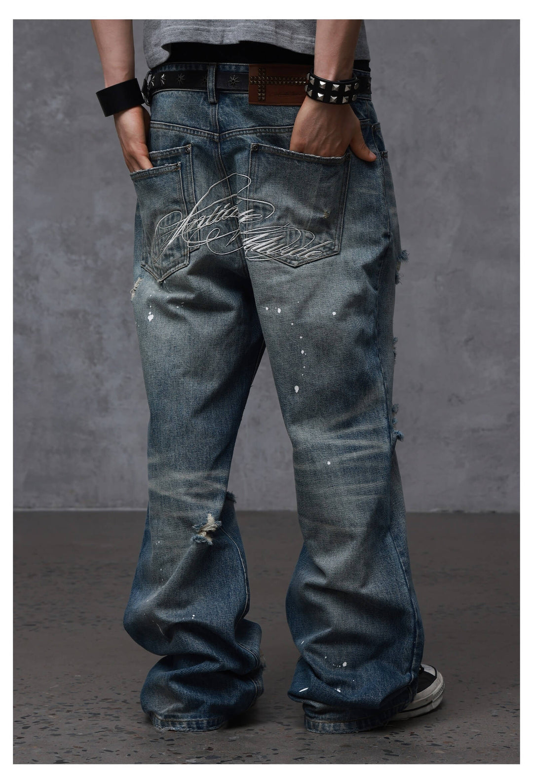 ANTIDOTE Back Embroidery Washed Distressed Jeans | Face 3 Face