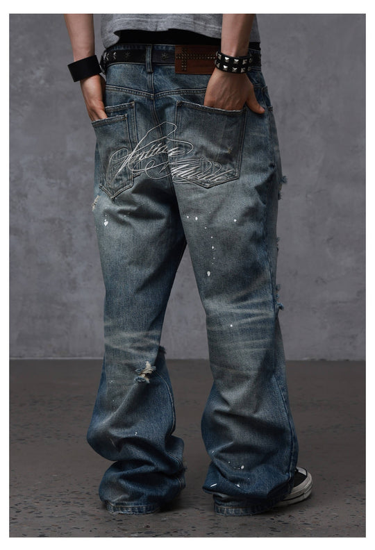 ANTIDOTE Back Embroidery Washed Distressed Jeans | Face 3 Face