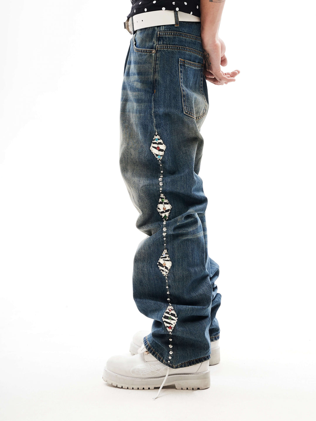 KARMANISTIC Studded Crystal and Leather Side Design Washed Jeans | Face 3 Face