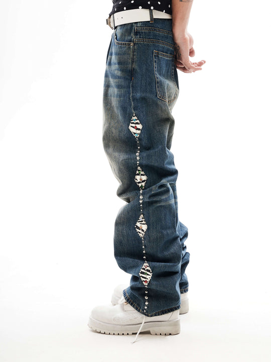 KARMANISTIC Studded Crystal and Leather Side Design Washed Jeans | Face 3 Face