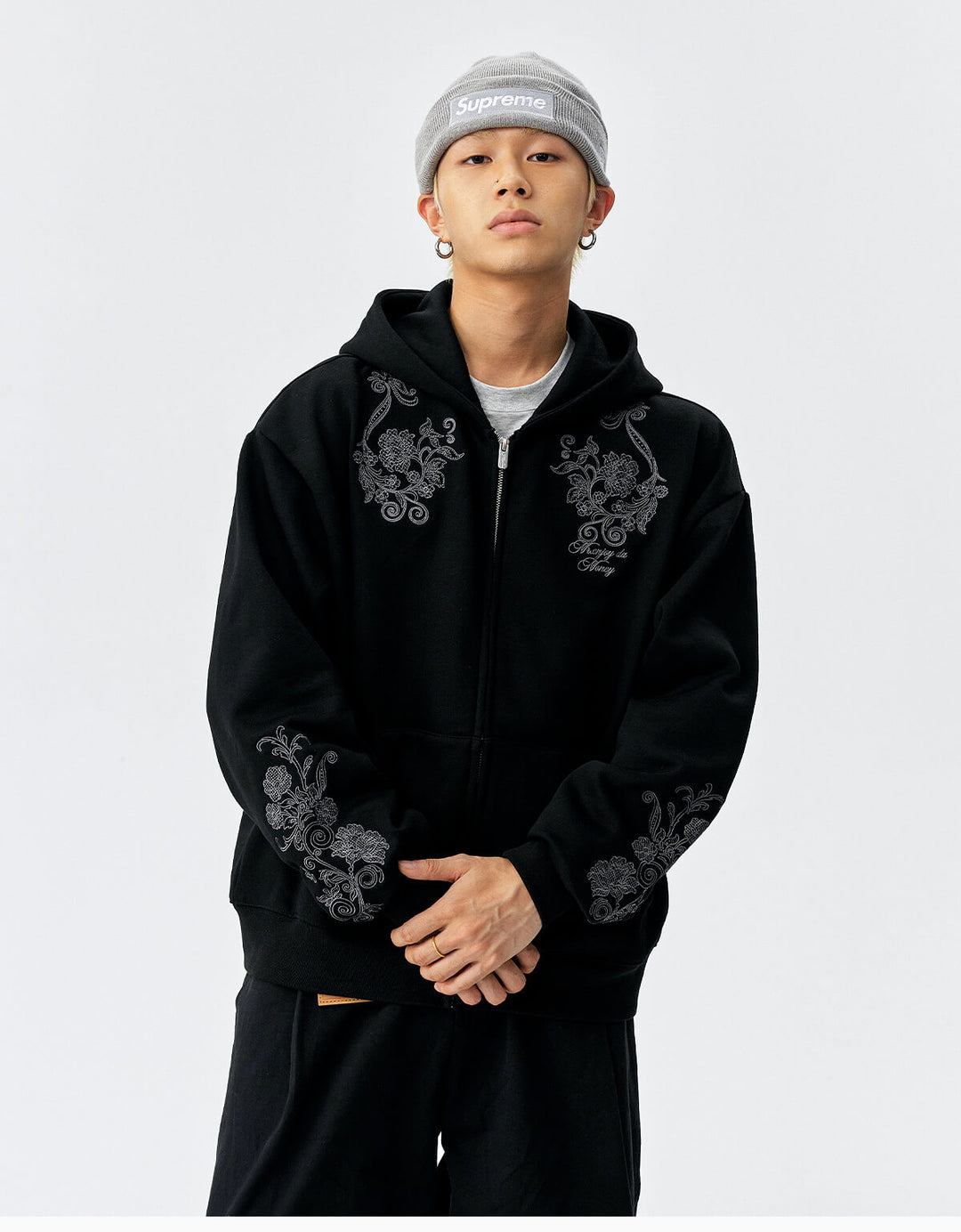 MEDM Patterned Flower Embroidered Zip Up Hoodie | Face 3 Face