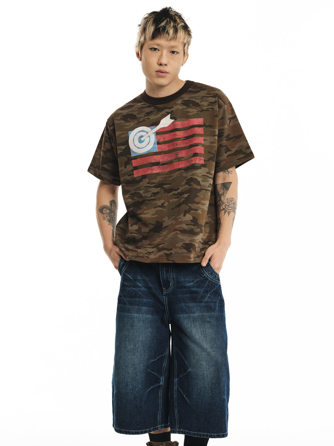 NOVACAM Washed Backstitch Vintage Print Black & Camouflage Tee | Face 3 Face