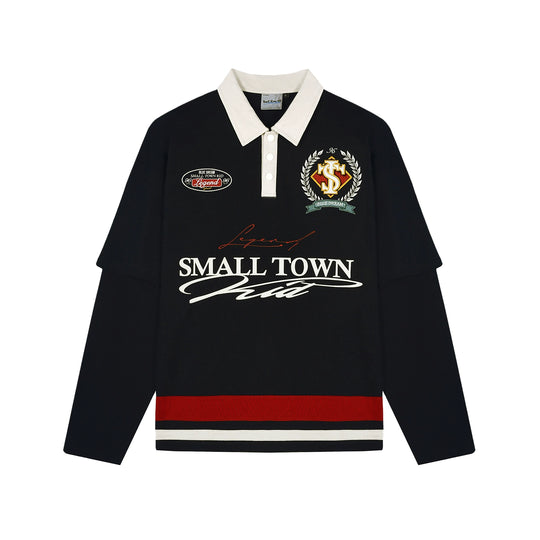 Small Town Kid 3D Embroidered Badge Fake Two-Piece Long-Sleeve Polo | Face 3 Face