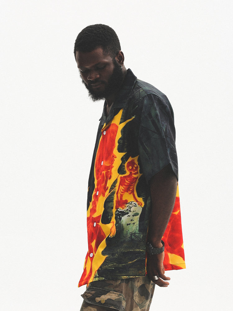 UNTILWERICH Cuban Collar Flaming Skull Short Sleeve Shirt | Face 3 Face