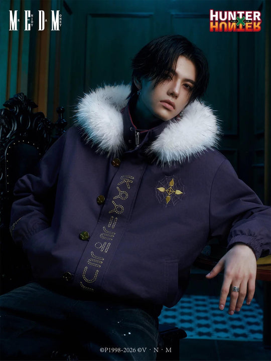 MEDM × HUNTER×HUNTER Kuroro Inverted Cross Patch Faux Fur Hood Quilted Jacket