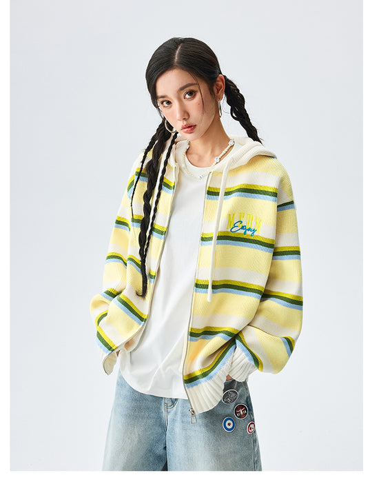 MEDM Colorful Stripes Zip-Up Knit Hoodie | Face 3 Face