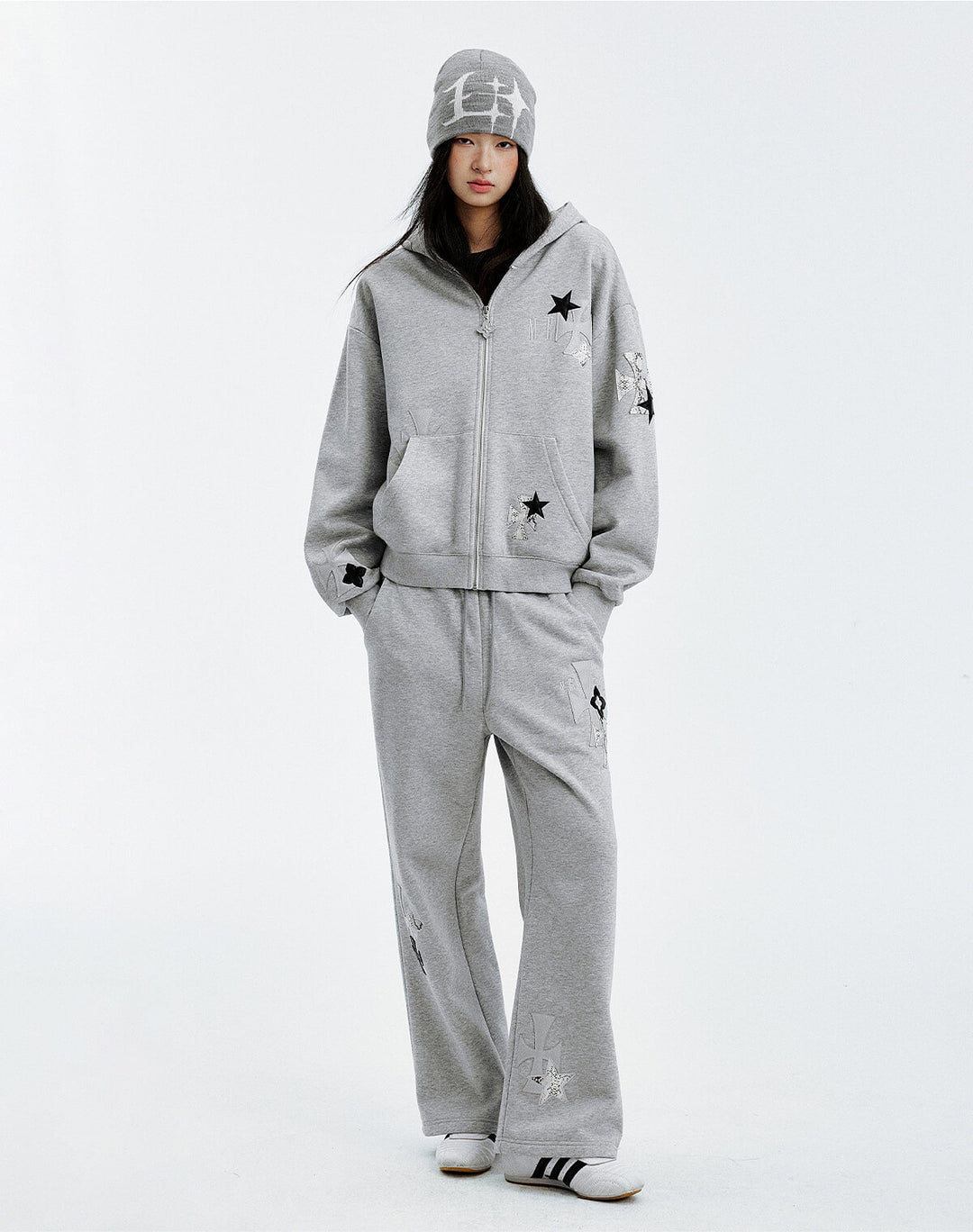 MEDM Cross Star Leather Patchwork Zip Up Hoodie | Face 3 Face