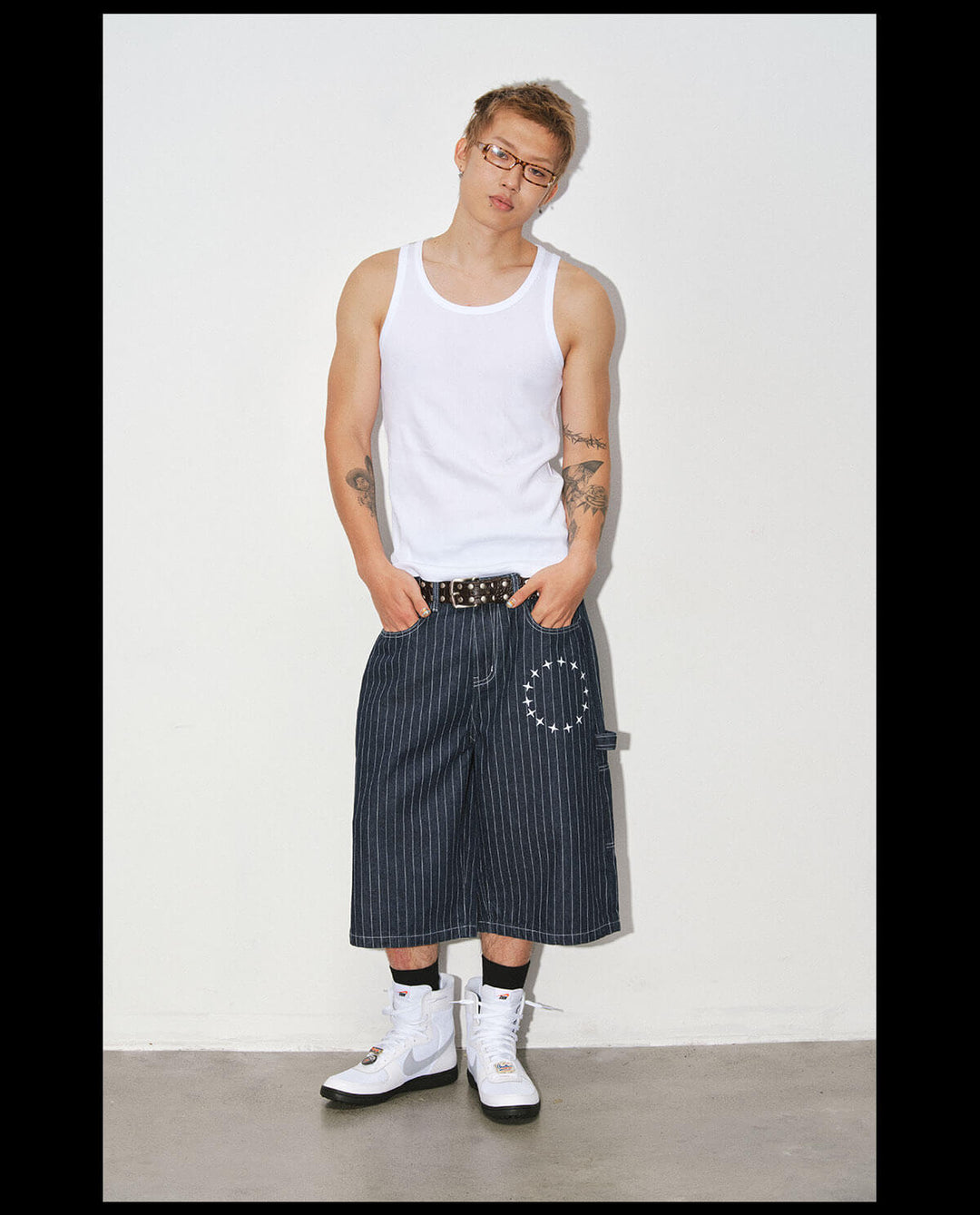 NOVACAM Circle Star Print Pinstripe Baggy Denim Shorts | Face 3 Face