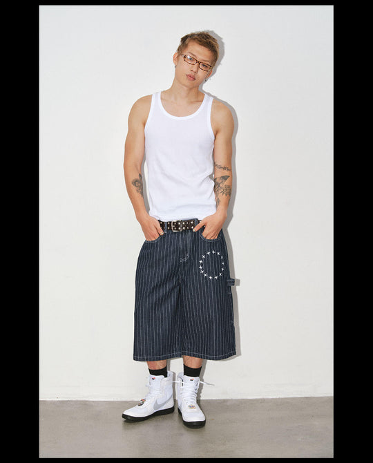 NOVACAM Circle Star Print Pinstripe Baggy Denim Shorts | Face 3 Face