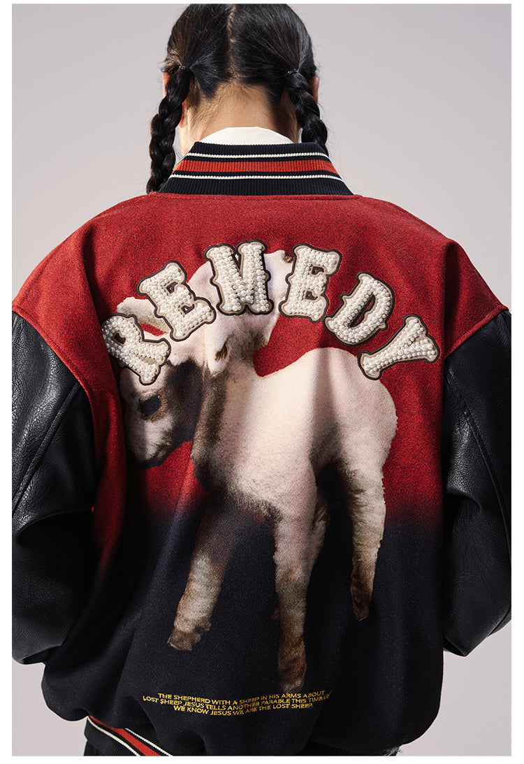 Remedy Sheep Full Print Pearl Embroidered Varsity Jacket | Face 3 Face